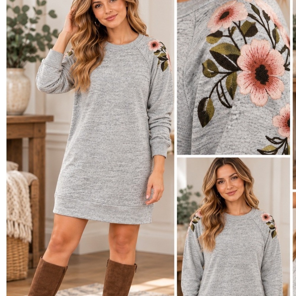 Abercrombie & Fitch Sweatshirt Dress Gray Floral Embroidered Boho Cottage Cozy L